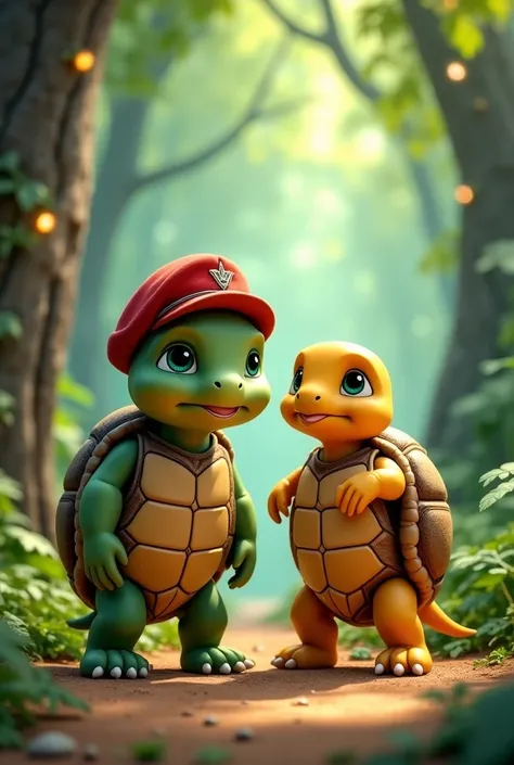  Illustration of a baby turtle a young adventurer with a small red beret on his head, emerald eyes ,  He stands next to a cheerful golden female turtle with pink ribbons . They're both in an enchanted grove,  reflecting Disney Pixar style , Surrounded by m...