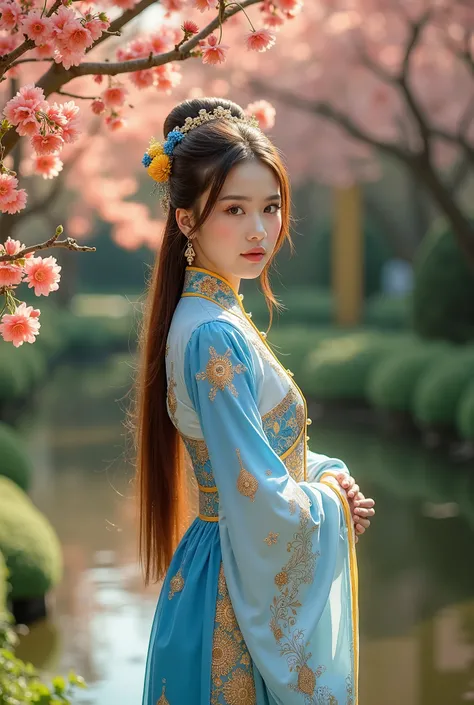 A highly detailed photograph depicting an incredibly Việt Nam beautiful and seductive young woman 19 years old standing in a small, peaceful garden surrounded by lush greenery and blooming apricot peach blossoms Next to the colorful fish pond shimmering br...