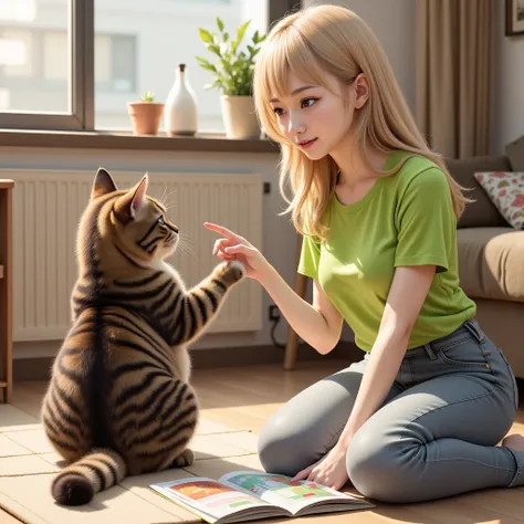  slightly plump、 imagine a Munchkin cat with dark brown tiger hair and a pattern ,  long white blond hair and a lime green cut and sew shirt and dark Japanese college girl wearing grey jeans,  reading comics while lying face down on the living room floor ,...