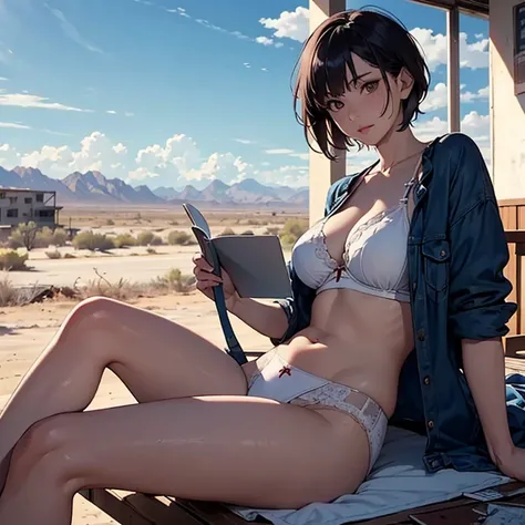 A 38-year-old mature woman with short hair is wearing her underwear bare and relaxing at an abandoned hotel in the desert