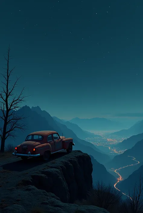  Old car on top of a mountain , It&#39;s night, The sky is starry, And the trees are dry , ao longe,  the lights of a city and the winding road