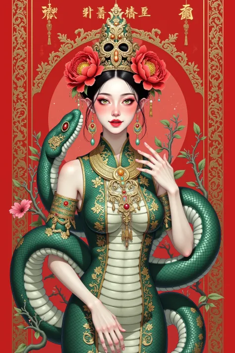 Create a traditional Chinese New Year illustration featuring a majestic snake. The snake should be coiled elegantly in a circular shape, with intricate patterns on its scales resembling traditional Chinese motifs like clouds, waves, and flowers. The snake'...