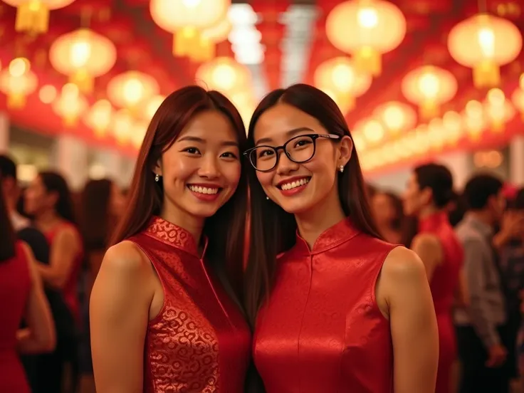 multiple_women, dress, paper_lantern, 2 women, lantern, chinese_clothes, glasses, china_dress, brown_hair, long_hair, red_dress, chinese_new_year, crowd, open_mouth, jewelry, realistic, smile, teeth, breasts, blurry, architecture, looking_at_viewer, parted...