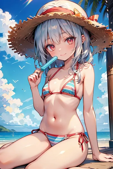 best quality, high definition, 16k, very detailed, 2.5D,  girl(160cm tall、( straw hat:1.5)、 silver hair straight hair、  red eyes ,  small breasts, Slim waist,vertical stripe bikini)、 beach,sunlight,from against,Blue Sheet、Parasol、sit、popsicles、 eats、delici...