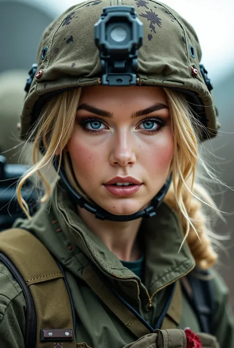 A top-quality picture of a female soldier, blond,Best light, cinematic, hyperealistic, hyper-detailed, UHD during an assignment in uniform. Look a bit dirty 