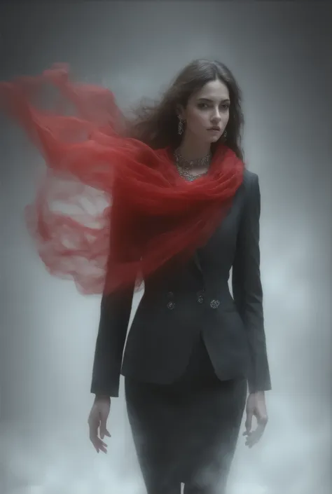 1991 Chanel black haute couture,Half Body, long hair,noble,典雅,Mythical Helen ,business attire,Set, Typical Chanel Style , simple and stylish ,Female model with red transparent flying scarf covering her face ,Wearing jewelry,Heavy fog in the snowy mountain...
