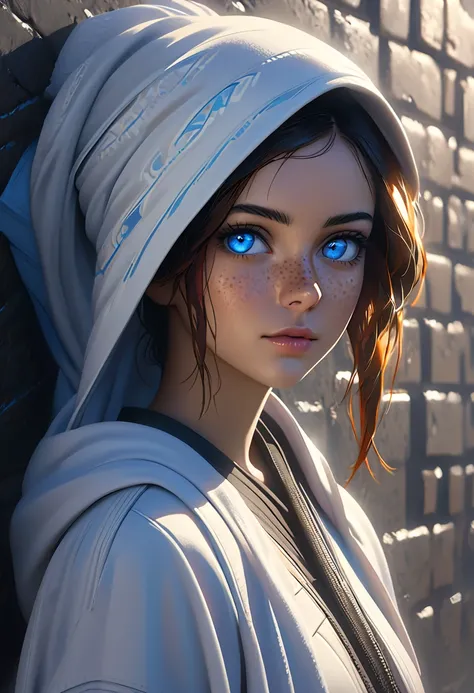  arabian woman with freckles and blue eyes standing in front of a wall, Realistic portraits,  8K Portrait Rendering , Realistic face 、Atmospheric lighting,  cyberpunk art ultra-realistic 8K , hyper-realistic  cyberpunk style ,  Soft Portrait Shot 8k, 8 kRe...