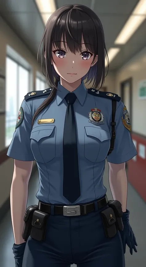 (( best quality)), Female police officer , Japanese Police、Metropolitan Police Department, Tight Skirt  ,(Female police officerは背後から女性に抱きつかれて、 is being touched on the chest:1.8),   standing,   cowboy shooting,Big Breasts,The buttons on my uniform fly and I...