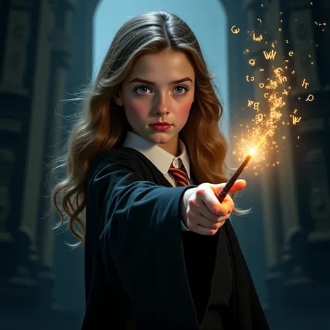 Hermione Granger doing magic with her wand, XXX letters coming out of the tip of the wand