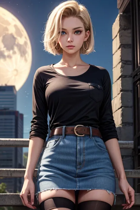 android 18, android 18,   blonde hair, blue eyes,  eyelashes, hoop  earrings,  short hair,  earrings, break belt,   black legwear , black  shirt, breast pocket, Chest, clavicle,  denim,  denim  skirt , high-waist  skirt ,   Jewelry,  Long Sleeve, pocket,  ...