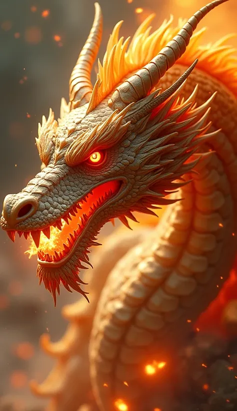 ( Golden Celestial Dragon ) WITH ( red piercing eyes),close-up releasing (Fire de sangre) through the nose,bulumetric scales, high quality,8K, lots of details ,paticulas de Fire,alas,4 legs,spotted claws,air,danger,Fire,sharp teeth,Dragon gigante,Colossal,...