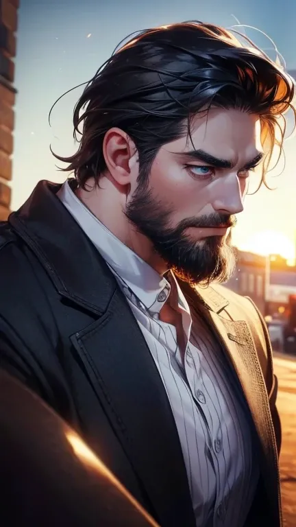 (    best quality,4K,8k,    highres,    masterpiece :1.2),    ultra-detailed    ,(realistic,photorealistic,photo-realistic:1.37),36-year-old man,3 day beard,Beautiful anime,Portraits,strong,Masculine,     with black hair  ,sharp jaw,       mesmerizing eyes...