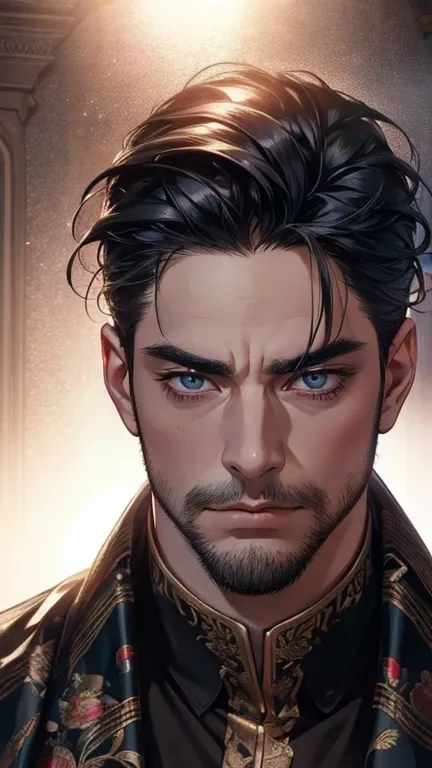 (    best quality,4K,8k,    highres,    masterpiece :1.2),    ultra-detailed    ,(realistic,photorealistic,photo-realistic:1.37),36-year-old man,3 day beard,Beautiful anime,Portraits,strong,Masculine,     with black hair  ,sharp jaw,       mesmerizing eyes...