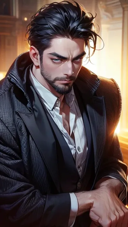 (    best quality,4K,8k,    highres,    masterpiece :1.2),    ultra-detailed    ,(realistic,photorealistic,photo-realistic:1.37),36-year-old man,3 day beard,Beautiful anime,Portraits,strong,Masculine,     with black hair  ,sharp jaw,       mesmerizing eyes...