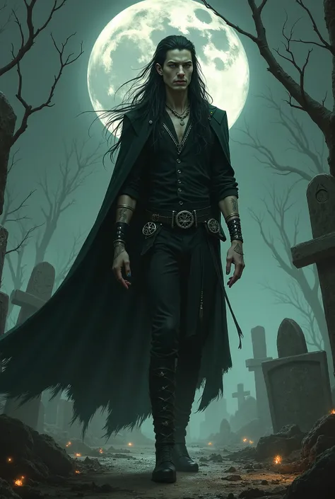 A male elf Evoker wizard, specializing in necromancy, stands in a desolate graveyard under a blood moon. His angular, gaunt face with high cheekbones and a pronounced jawline, pale ashen skin with a faint bluish undertone, and piercing silver eyes with a f...