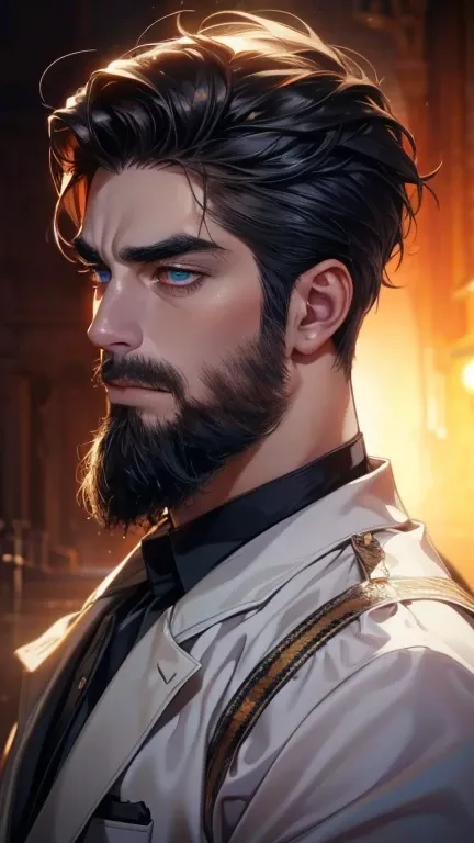 (    best quality,4K,8k,    highres,    masterpiece :1.2),    ultra-detailed    ,(realistic,photorealistic,photo-realistic:1.37),36-year-old man,3 day beard,Beautiful anime,Portraits,strong,Masculine,     with black hair  ,sharp jaw,       mesmerizing eyes...