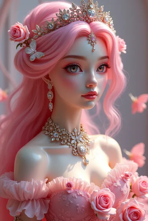 tmasterpiece，Highest image quality，Beautiful bust of a royal lady，Delicate pink hairstyle，Embellished with a dazzling array of intricate jewelry，super detailing，upscale, have pink shinning eyes, wearing floral pink dress,pink roses ,  flowers, butterflies,...