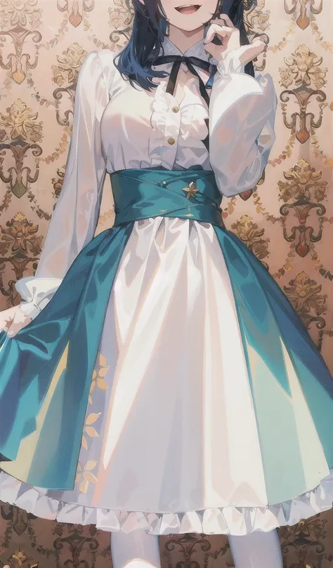 virgin killer outfit,high-waist long skirt, standing, pantyhose, full body shot, ( best quality, masterpiece,  high quality , delicate description, Elaborate painting), (Ultra-detailed:1.2), ((((dramatic))), (((Softness))), ((( severe)))  She stands proudl...