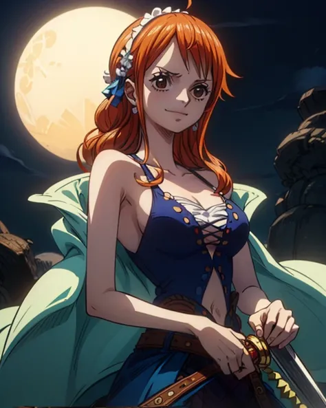 (最高masterpiece,  best quality, 4K, 8k,  high resolution,masterpiece:1.2), Nami in One Piece,smile,The Mysterious Witch,Miracle,Power Spot,Fantastic world tree,Green Sun,Holy Sword