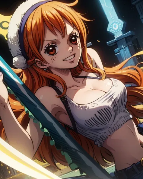 (最高masterpiece,  best quality, 4K, 8k,  high resolution,masterpiece:1.2), Nami in One Piece,smile,Mysterious Knight,Miracle,Power Spot,Fantastic world tree,Green Sun,Holy Sword,Soul sword