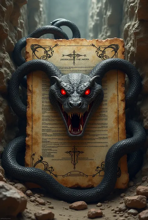 An evil snake with suspicious eyes glowing red is on the cover of a magical ancient document unearthed from an ancient site 、A magical ancient document unearthed from ancient ruins where an evil snake with red glowing eyes is depicted on the cover 、There a...