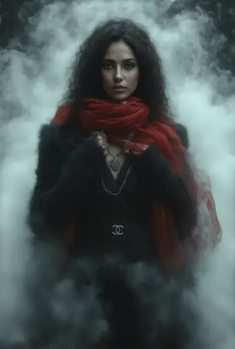 close-up of a female model in 1991 Chanel black haute couture,Long curled hair ,noble,典雅,Mythical Helen , professional woolen dress , wearing exaggerated jewelry , Typical Chanel Style , simple and stylish , red transparent flying scarf covering her face ...