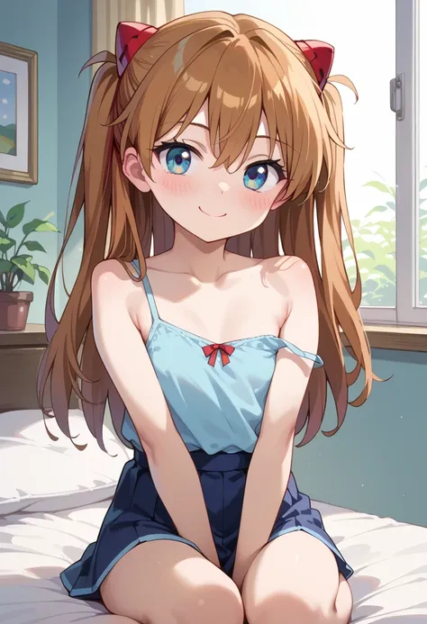 (( best quality)), ((masterpiece)), (be familiar with),  perfect face,  indoor, bedroom,  watching viewers ,
One woman,  Soryu Asuka Langley,
開いた口,  ecstatic expression, blush, smile,
 small tits,  flat chest , Young girl,  lori,  s,  girl,
 long hair,  Tw...