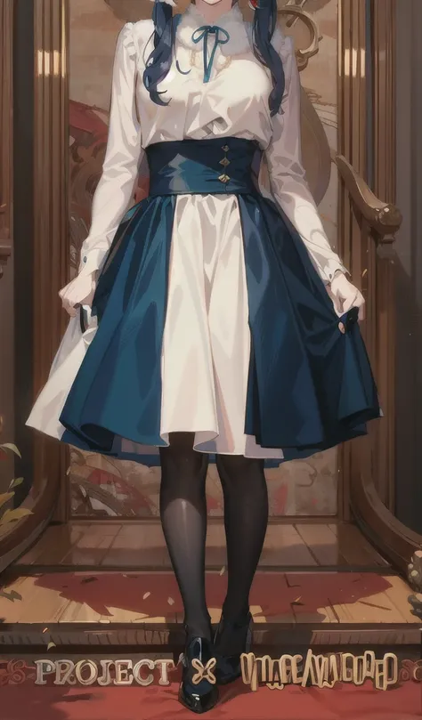 virgin killer outfit,high-waist long skirt, standing, pantyhose, full body shot, ( best quality, masterpiece,  high quality , delicate description, Elaborate painting), (Ultra-detailed:1.2), ((((dramatic))), (((Softness))), ((( severe)))  She stands proudl...