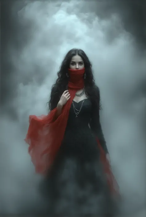 close-up of a female model in 1991 Chanel black haute couture,Long curled hair ,Noble,典雅,Mythical Helen , professional woolen dress , wearing exaggerated jewelry , Typical Chanel Style , simple and stylish , red transparent flying scarf covering her face ...