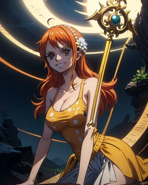 (最高masterpiece,  best quality, 4K, 8k,  high resolution,masterpiece:1.2), Nami in One Piece,smile,Mysterious Knight,Miracle,Power Spot,Fantastic world tree,Green Sun,Holy Sword,Holy Swordを振りかざす