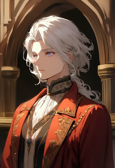  A man, beautiful,  long white hair , Eyes with Iris Verlhas,  red overcoat, white shirt, appearance, Just Belmont.