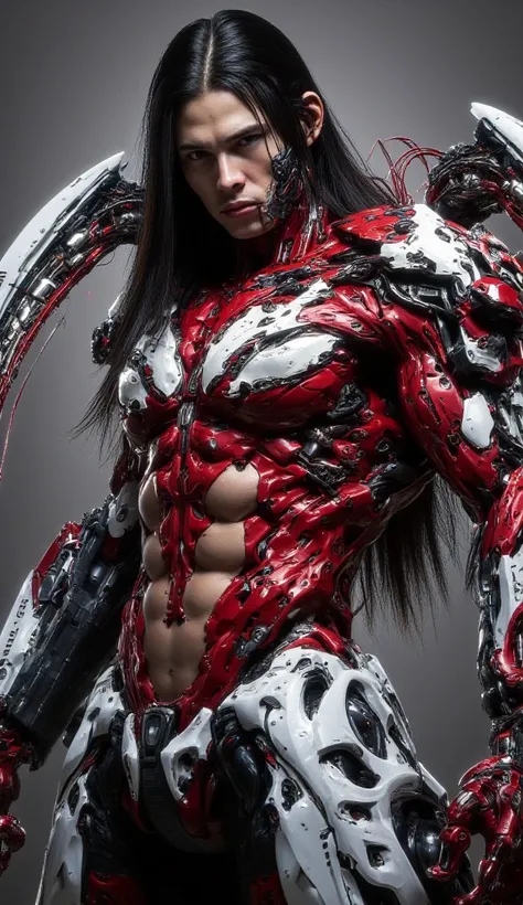 Closed up photography,handsome male man, indonesian humanoid mighty astro-warrior, big mechanical metal arm, cybernetic red and white armor, muscular body, Long Hair, Looking at viewer, High Resolution, Masterpiece, Accurate, Anatomically Correct, Award Wi...