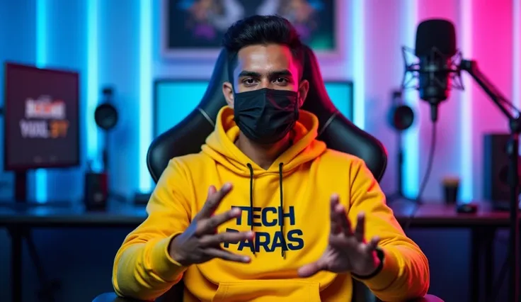 An Indian man sitting confidently on a modern gaming chair in his YouTube studio. He is wearing a bright yellow hoodie with TECH PARAS boldly printed on it. His face is clearly visible and expressive despite wearing a sleek black COVID-19 mask. The man is ...