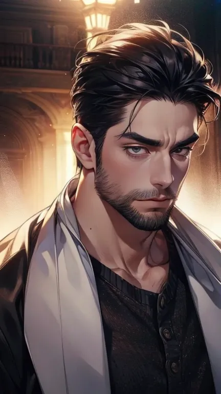 (    best quality,4K,8k,    highres,    masterpiece :1.2),    ultra-detailed    ,(realistic,photorealistic,photo-realistic:1.37),36-year-old man,3 day beard,Beautiful anime,Portraits,strong,Masculine,     with black hair  ,sharp jaw,       mesmerizing eyes...