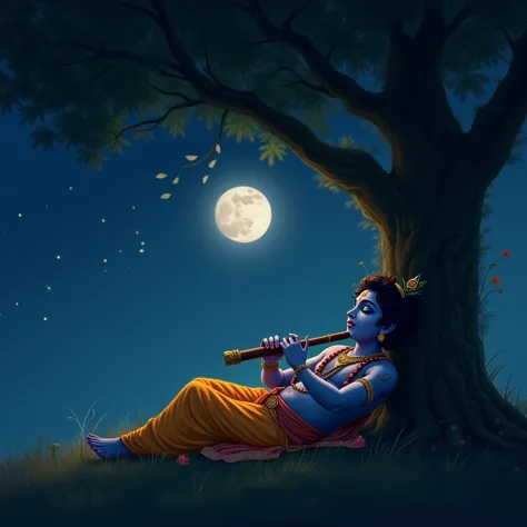 Lord Krishna sitting under tree trying to sleep with fluet in night time without broad sky with lovely moon smiling 