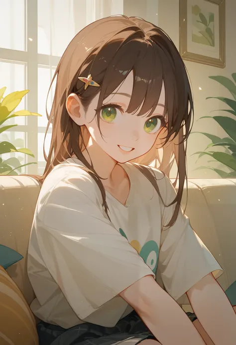 ((masterpiece, side light, finely detailed )),Happy girl in loose shirt，Bangs，hairpin， skirt, brown hair， Green Eyes,  sitting on the sofa in the living room ， upward composition ， upper body，Interaction with the camera