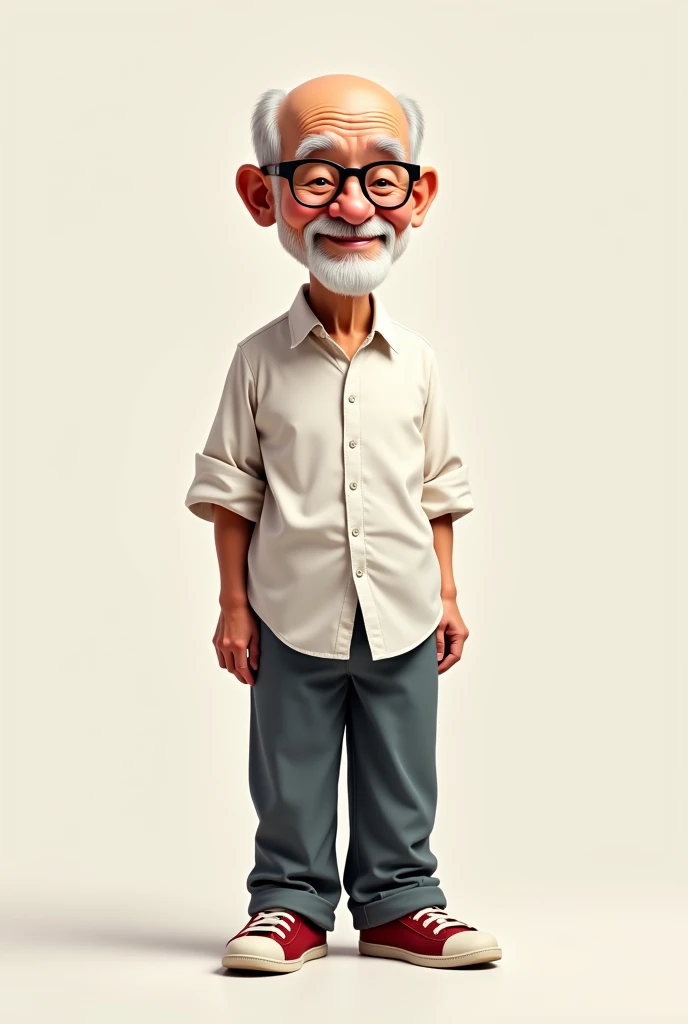 Conceptual digital caricature in a cute style, Body FACING the camera, of a 75-year-old man, nicely designed face, smiling, standing, wearing a loose white dress shirt with collar, wearing traditional loose long jeans, wearing sneakers, Feet on the ground,...