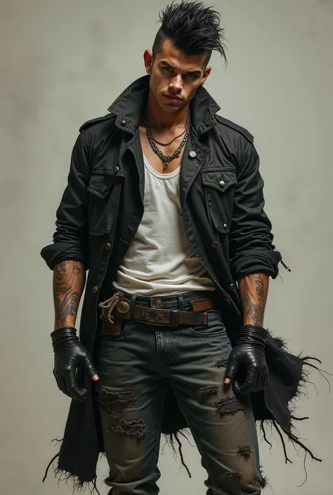 A muscular 20-year-old man with short black mohawk hair, wearing an old, tattered black trench coat, distressed and worn-out jeans, black boots, and a white tank top.

