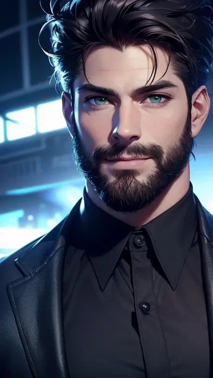 (   best quality,4K,8k,   highres,   masterpiece :1.2),   ultra-detailed   ,(realistic,photorealistic,photo-realistic:1.37),34 years old, man,3 day beard,Beautiful anime,Portraits,strong,Masculine,   with dark hair  ,sharp jaw,  hypnotic emerald eyes  ,   ...