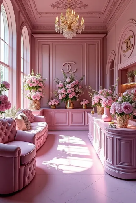 Create a design for big flower shop in pink, lilac colours with channel or dior aesthetic 