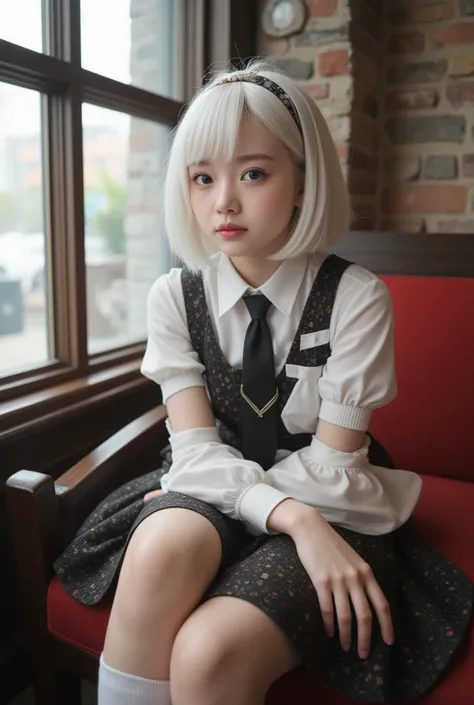 A beautiful young girl dressed as 2B from Nier Automata in a chair at the cafe , Asian face , NieR 2b costume,  white hair,  short hair,  headband ,  looking at the spectator, socks,  masterpiece,  best quality,  hyper detailed , amazingly detailed, 16K, a...