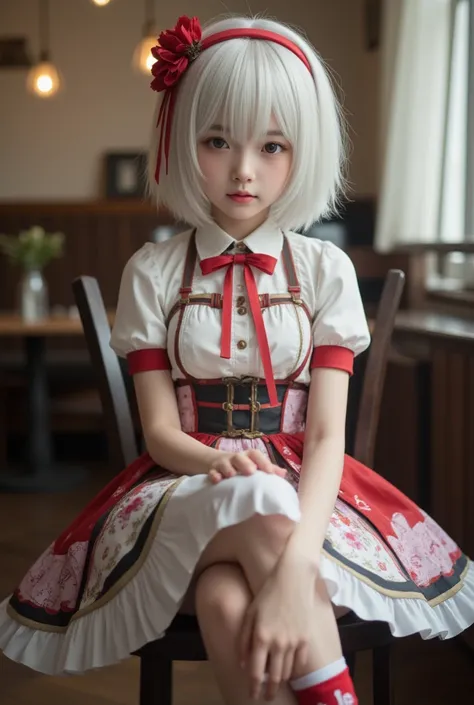 A beautiful young girl dressed as 2B from Nier Automata in a chair at the cafe , Asian face , NieR 2b costume,  white hair,  short hair,  headband ,  looking at the spectator, socks,  masterpiece,  best quality,  hyper detailed , amazingly detailed, 16K, a...