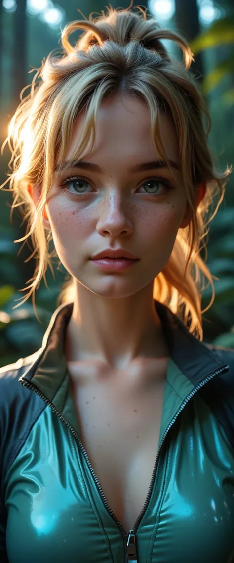 1girl, solo, cute swedish blonde woman, messy ponytail, bangs, dimples, freckles, relaxed, evening, low lighting, dark outside, warm, outdoors, jungle forest, fully unzipped neon bodysuit, close up, pov
