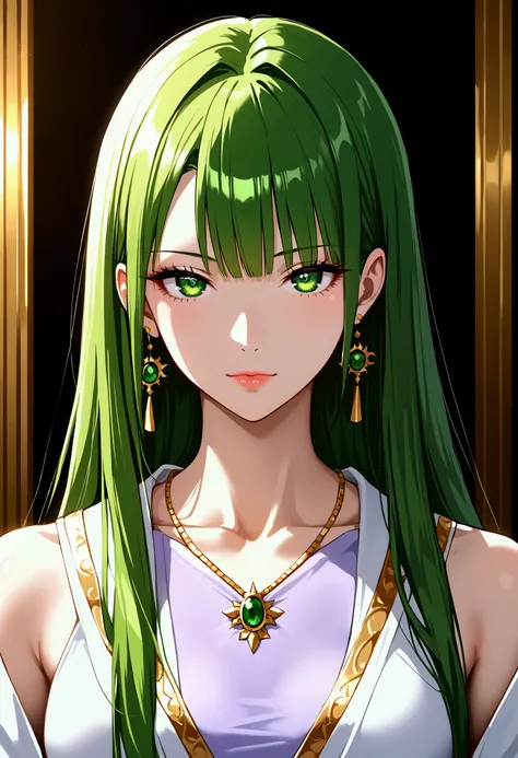 masterpiece, best quality, highres, absurdres, source_anime, colourful, 1girl, solo, woman, beautiful, refined, womanly, mature, straight hair, green hair, long hair, symmetrical hair, smooth hair, clean hair, straight bangs, confident expression, sassy ex...