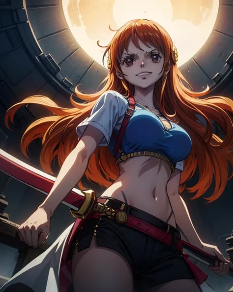 (最高masterpiece,  best quality, 4K, 8k,  high resolution,masterpiece:1.2), Nami in One Piece,smile,Mysterious Knight,Miracle,Power Spot,Fantastic world tree,Green Sun,Holy Sword,Holy Swordの斬撃,She's on an adventure to defeat the demon king,Mysterious Knightで...