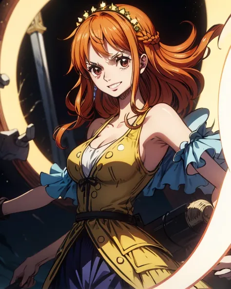 (最高masterpiece,  best quality, 4K, 8k,  high resolution,masterpiece:1.2), Nami in One Piece,smile,Mysterious Knight,Miracle,Power Spot,Fantastic world tree,Green Sun,Holy Sword,Holy Swordの斬撃,She's on an adventure to defeat the demon king,Mysterious Knightで...