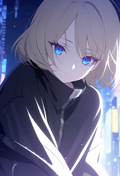 One girl, masterpiece, top quality, beautiful eyes, expressionless face, clear skin, long eyelashes, blonde hair, short bob, baggy black outfit, wide sleeve jacket, neon city