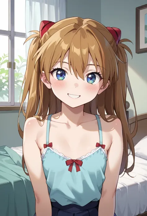 (( best quality)), ((masterpiece)), (be familiar with),  perfect face,  indoor, bedroom,  watching viewers ,
One woman,  Soryu Asuka Langley,
開いた口,  ecstatic expression, blush, smile,
 small tits,  flat chest , Young girl,  lori,  s,  girl,
 long hair,  Tw...