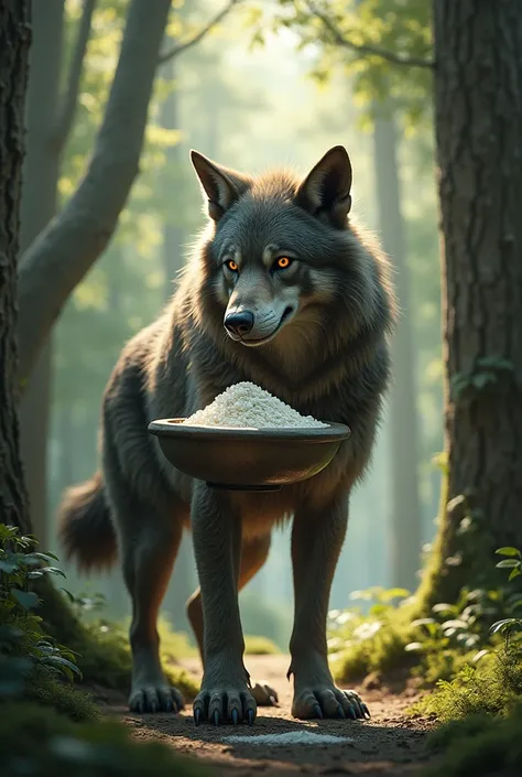 A werewolf with a bowl of flour
In an area of open and tall forest