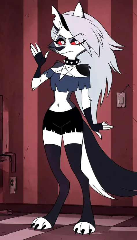 anime screencap, absurdres, high quality, official style, 1girl, solo, loona \(helluva boss\), hellhound, loona crop top, off-shoulder shirt, claws, fingerless gloves, torn clothes, thigh highs, 1girl, 1girl solo, 1girl, solo, furry, tail, animal ears, wol...